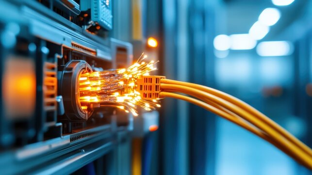 An intricate view of glowing networking cables plugged into a server in a high-tech data center, emphasizing the modern connectivity and technological foundation of today's digital world.