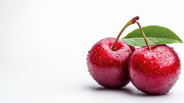 A stunning close-up of fresh, vibrant red cherries glistening with water droplets, showcasing their juicy allure against a clean white background for a refreshing visual appeal.