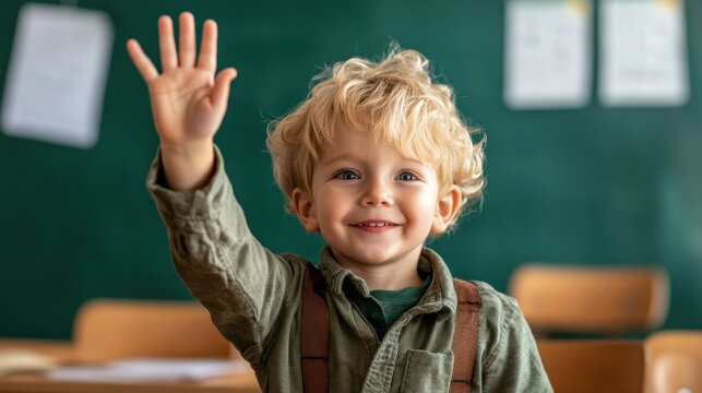 A smiling child with curly hair eagerly raises their hand in a classroom, symbolizing enthusiasm for learning and active participation in education and social interactions.