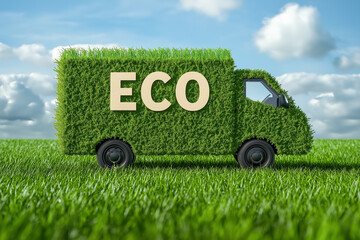 ECO and electric car made of grass on meadow symbolizing eco friendly cars and clean energy future