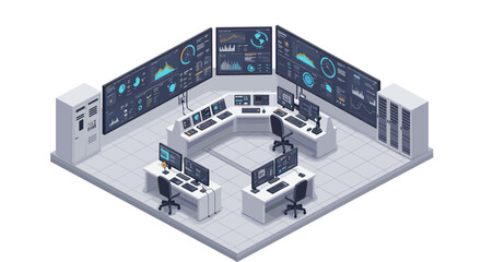 Obraz premium Modern control room with advanced technology and data analysis displays isometric style vector illustration
