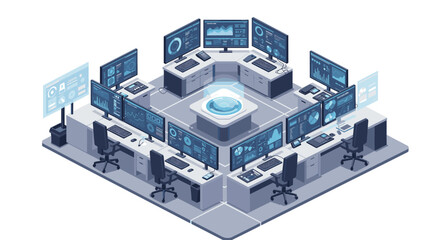 Futuristic command center with technology displays for data analysis and security monitoring isometric style vector illustration