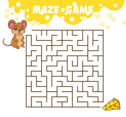 A square maze, find a path for cartoon mouse to reach the cheese through the maze.