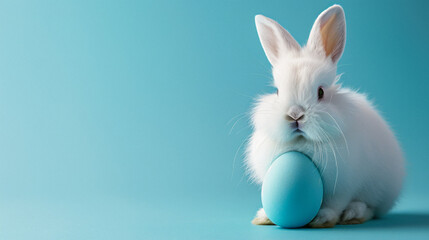 Fluffy baby bunny with pastel blue egg on plain blue background in Easter spring mood