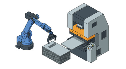 Industrial automation concept with robotic arm and manufacturing machine isometric style vector illustration