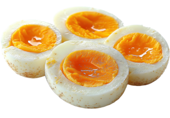 Boiled eggs halved isolated on transparent background. PNG.
