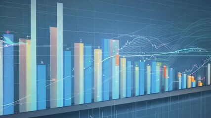 Dynamic financial data visualization displays animated blue bar charts and line graphs with statistical information moving across digital screen background for business analytics - Powered by Adobe