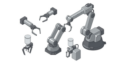 Industrial robotic arms and grippers for automation in manufacturing design isometric style vector illustration