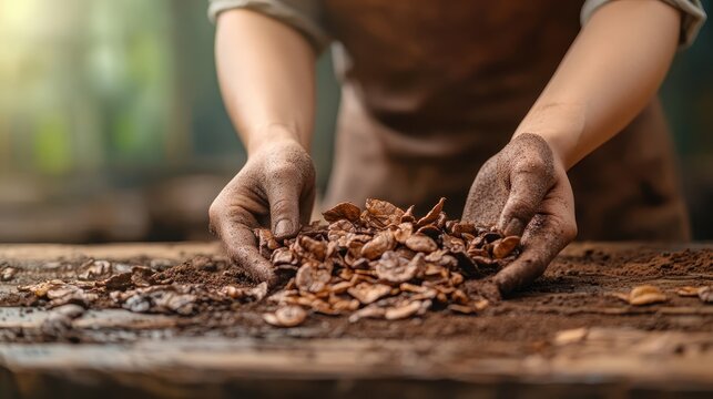 A close-up view of hands holding a mixture of soil and organic material, representing the nurturing aspect of gardening and the importance of healthy soil for plant life.