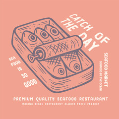 Girls' Summer Graphic Design, Sardine fish artwork, women's color hand-drawn t-shirt print. Seafood t-shirt design. Sardines love club. Canned fish artwork. Fish vintage artwork © MdAlImran