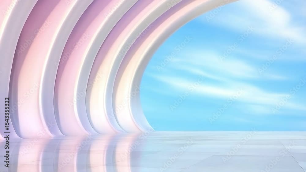 Poster abstract architecture and sky: a futuristic, minimalist structure of pastel arches frames a vibrant 
