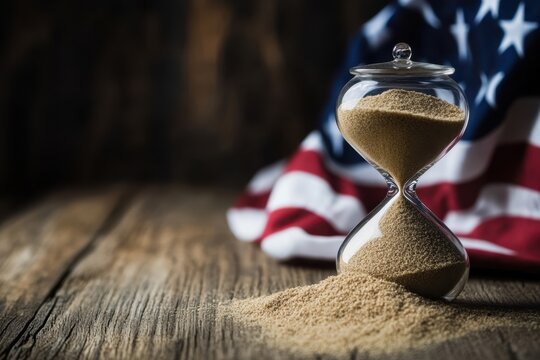 Hourglass with Flowing Sand Against a Timeless USA Flag Background.