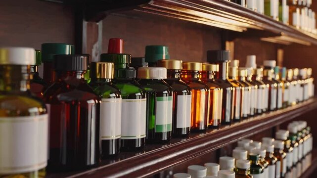Colorful medicine glass bottle display pharmacy shelf, apothecary healthcare closeup with organized variety and reflection glass