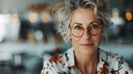 A confident older woman with curly hair wearing glasses and a flowered shirt smiles warmly, showcasing the beauty of aging gracefully and expressing joy and self-assuredness.
