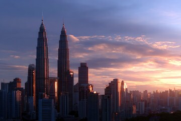 Naklejka premium Kuala Lumpur cityscape at sunset featuring the Petronas Towers bathed in golden light