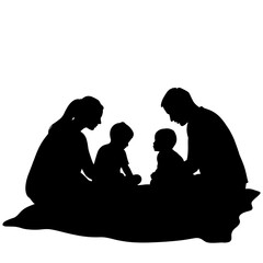 Silhouette of family playing board game on blanket, leisure and bonding