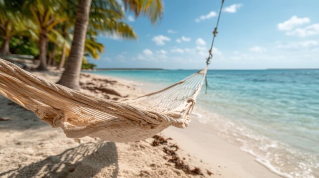 A serene hammock sways gently between palm trees, overlooking a crystal-clear ocean, creating an idyllic and relaxing atmosphere perfect for a tropical getaway retreat.