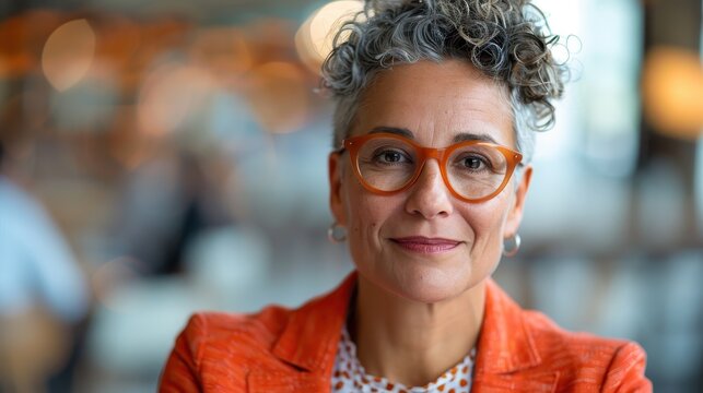 A warm and confident middle-aged woman with curly hair and stylish glasses presents a friendly smile, embodying wisdom, experience, and approachability in a modern environment.
