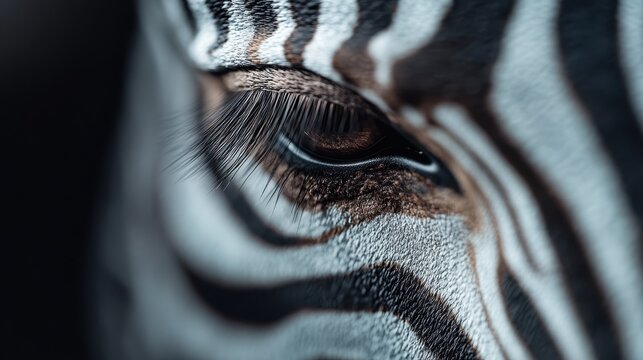 A striking close-up of a zebra's eye reveals intricate details and fascinating texture, showcasing the animal's beauty while emphasizing the connection to nature and wildlife.