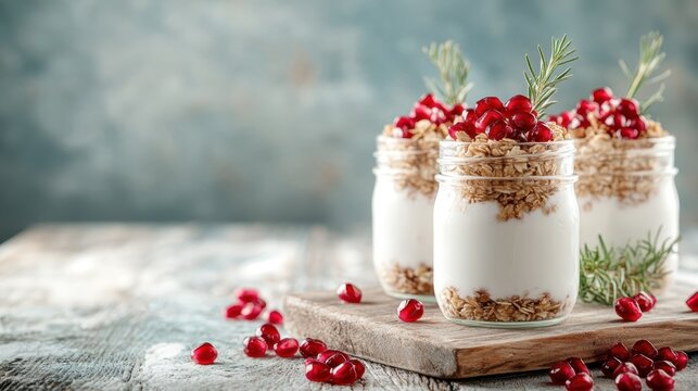 An aesthetically pleasing display of yogurt parfaits layered with granola and garnished with fresh pomegranate seeds, embodying a healthy and delicious breakfast option. - Powered by Adobe