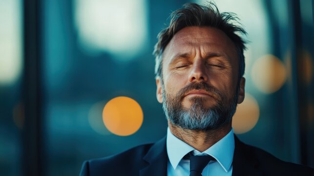 A businessman with closed eyes reflects peacefully in a modern office environment, amidst blurred city lights offering a sense of calm and mindfulness in a busy world.