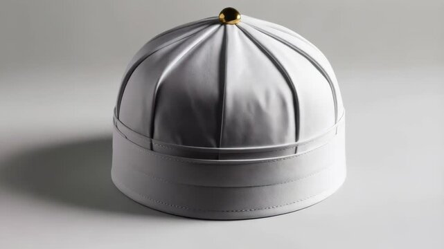 Traditional white zucchetto, head covering with gold finial, isolated on a white background