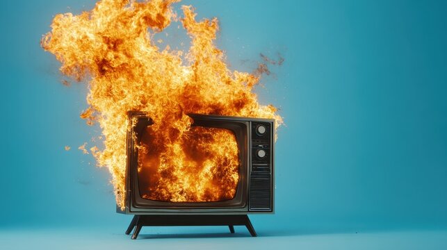 A vintage television set engulfed in flames against a bright blue backdrop conveys a powerful message about the chaos of media and technology in contemporary society.