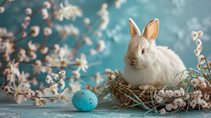 Fototapeta premium A fluffy white bunny gently places its paw on a speckled blue Easter egg, surrounded by delicate white blossoms and twigs. The soft blue pastel background enhances the tranquil, springtime ambiance