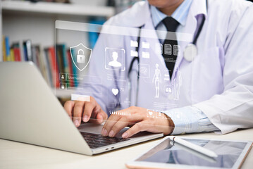 Obraz na płótnie Canvas Medical entering password on virtual patient dashboard, data privacy, online medical records, and digital health innovation. healthcare cloud, secure EHR systems, HIPAA compliance, and telemedicine