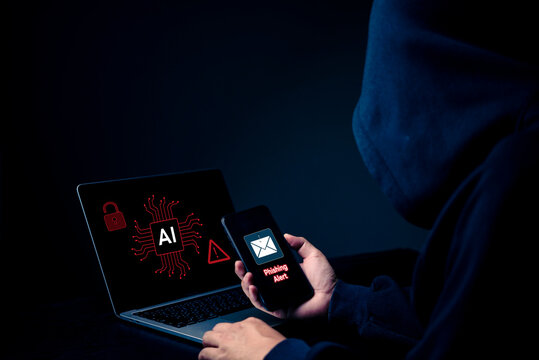 Phishing email warning on phone with AI breach sign on laptop, smart cyberattacks, deepfake risks.Hacker targeting digital systems cybercrime, social engineering, and online identity theft risks.