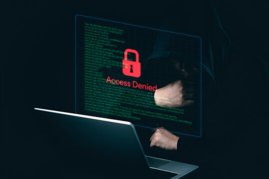 cybersecurity risks, antivirus protection, cyber attacks, and sensitive data defense. protection breach, Blocked access Denied. Red lock warning on computer.