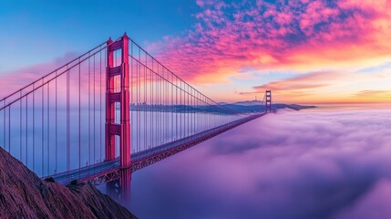 Fototapeta premium Golden Gate Bridge at sunrise, shrouded in a vibrant pink and purple cloud sea