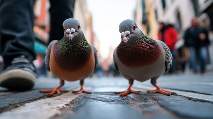 Obraz premium Two pigeons stand closely on a cobblestone street, showcasing their vibrant feather colors and inquisitive expressions, perfect for urban wildlife themes or lifestyle imagery.