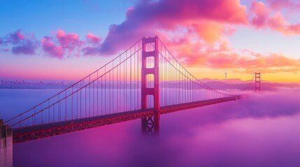 Obraz premium Golden Gate Bridge at sunrise, vibrant colors, clouds, fog