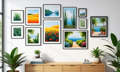 Framed landscape art gallery display with vibrant nature scenes and indoor plants