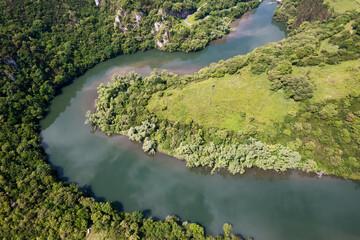 Aerial view of Meandros del Nora, Priañes, Asturias, Spain