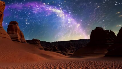 Spectacular Milky Way galaxy rotates slowly across star-filled night sky above dramatic desert rock formations creating breathtaking celestial display with cosmic movements and natural wonder