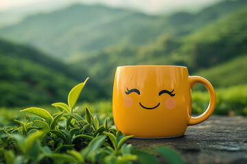 Obraz premium Cup of tea with smile face promoting self-care, mental wellness, and emotional well-being