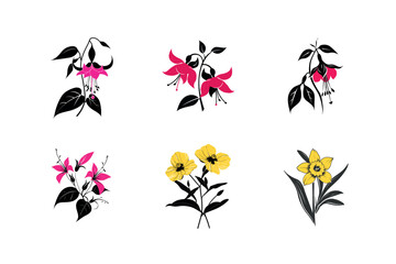 Six stylized floral designs black and color