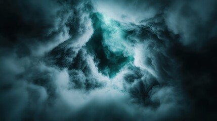 Fototapeta premium This image captures an abstract formation of swirling clouds with a striking turquoise glow, evoking a sense of mystery and intrigue in the viewer's mind.
