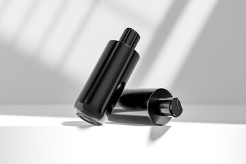 black cosmetic plastic bottle with disk top flip cap mockup, flat shoulder packaging with flat disk cap, cylinder shape squeeze bottle, elegant black cylindrical bottle, trendy skincare container