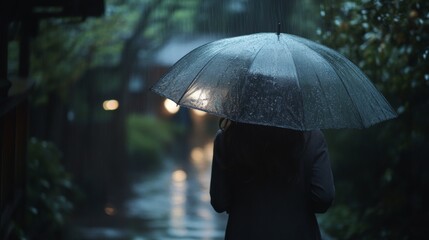 Woman Walking with Umbrella in Rain