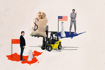 Creative photo collage trend artwork template of man stand chine map lady choose usa trade war...