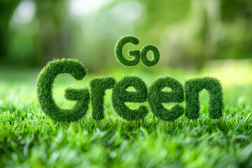 Go Green text made of grass on meadow symbolizing eco awareness, sustainability, and nature protection