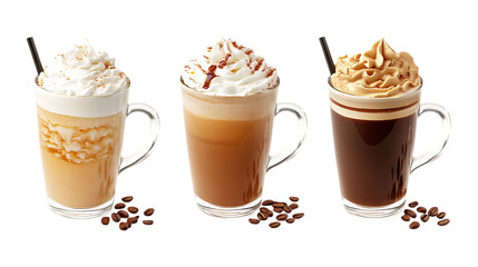 Pack Collection Coffee Drinks Cappuccino Latte Mocha  Gourmet Coffee Recipes set against transparent background
