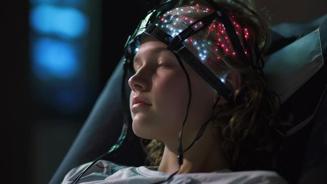 Neurological testing involving young female patient wearing advanced brainwave monitoring device, resting on hospital bed under colored illumination during diagnostic procedure