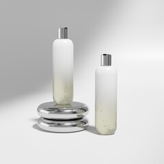 luxury cosmetic plastic bottle with disk top flip cap mockup, metallic flat disk cap shampoo packaging, round skincare container, cylindrical shape squeeze bottle, slim cylinder shape bottle