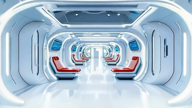 A futuristic space station with red and white seats
