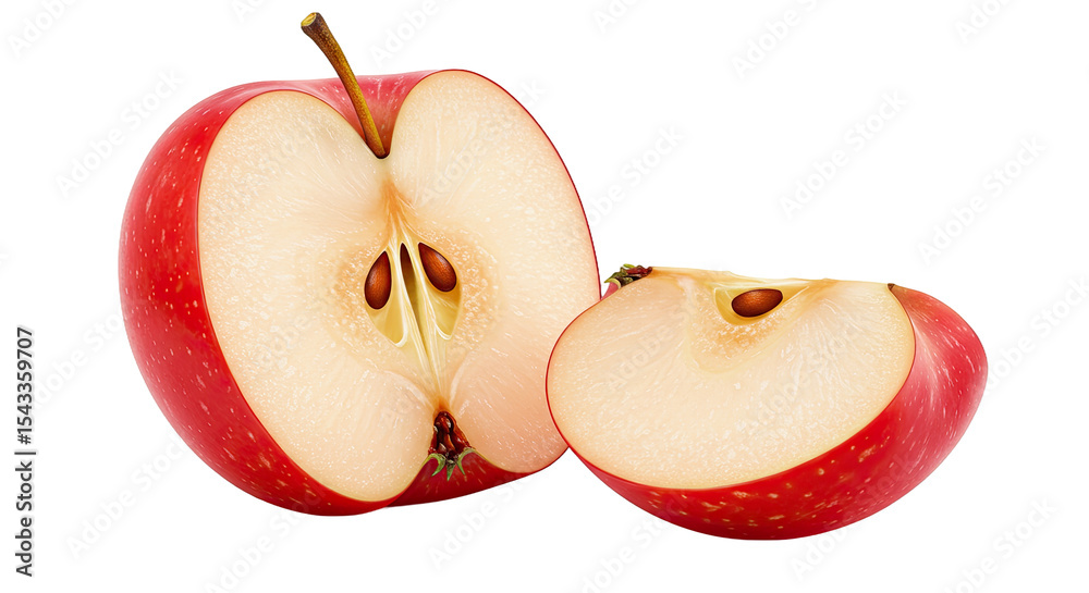 Aufkleber close-up of a juicy red apple cut open with a slice on a black background