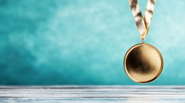 A gleaming gold medal suspended from a ribbon, symbolizing achievement and success, perfect for recognizing excellence in competitions and personal accomplishments.
